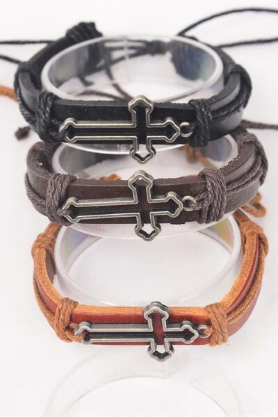 Bracelet Real Leather Band Sideways Cross /12 pcs = Dozen  Unisex , Cross Size -1.5" x 0.75" Wide , 4 Black , 4 Dark Brown , 4 Medium Brown Mix , Hang tag & OPP Bag & UPC Code