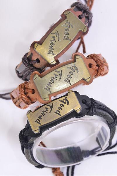 Bracelet Real Leather Band Good Friend / 12 pcs = Dozen Unisex , Adjustable , 4 of each Pattern Band Asst , Individual Hang tag & OPP Bag & UPC Code