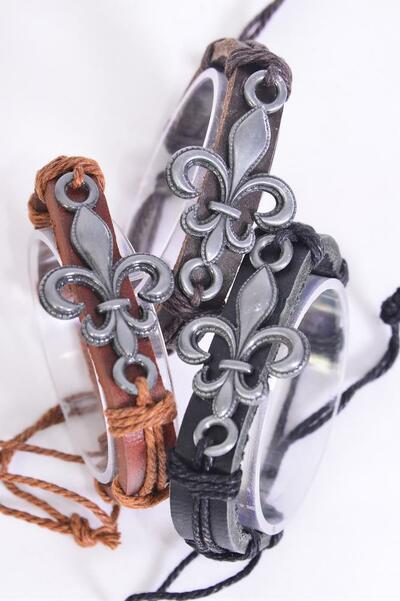 Bracelet Real Leather Band Fleur De Lis / 12 pcs = Dozen  Unisex , Adjustable , 4 of each Pattern Mix , Individual Hang tag & OPP Bag & UPC Code