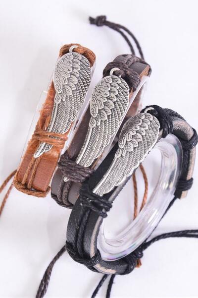 Bracelet Real Leather Band Wing Adjustable / 12 pcs = Dozen Unisex , Adjustable , 4 of each Pattern Asst , Hang tag & OPP Bag & UPC Code