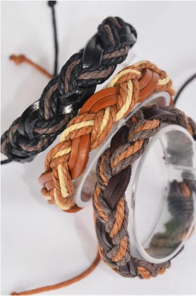 Bracelet Real Leather Band Woven Fish Tail / 12 pcs = Dozen  Unisex , Adjustable , 4 of each Pattern Mix , Hang tag & OPP Bag & UPC Code