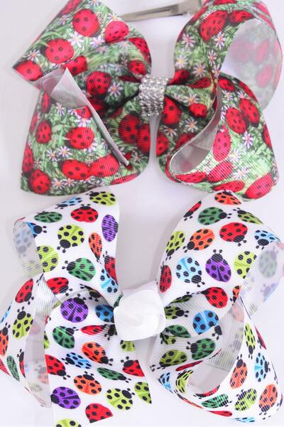 Hair Bow Jumbo Cute Ladybugs Grosgrain Bow-tie / 12 pcs Bow = Dozen  Alligator Clip , Size - 6" x 5" Wide , 6 of each Pattern Asst , Clip Strip & UPC Code