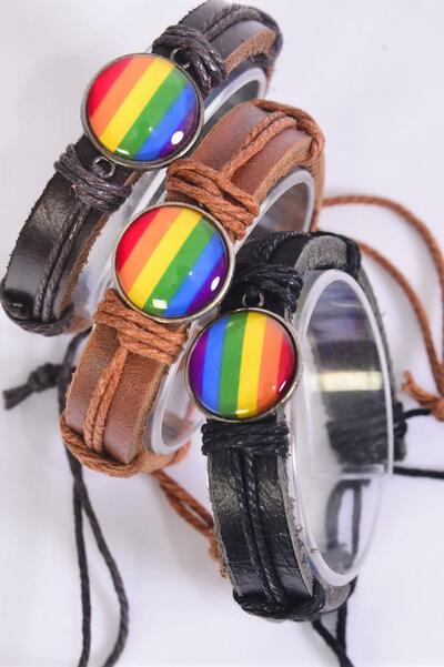 Bracelet Real Leather Band  Rainbow / 12 pcs = Dozen Unisex , Adjustable , 4 of each Pattern Asst , Individual Hang tag & OPP Bag & UPC Code
