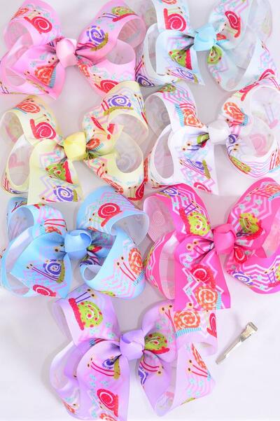 Hair Bow Jumbo Happy Snail Pastel Grosgrain Bow-tie / 12 pcs Bow = Dozen Alligator Clip , Size - 6" x 5" Wide , 2 White , 2 Yellow , 2 Blue , 2 Pink , 2 Lavender , 1 Hot Pink , 1 Mint Color Asst , Clip Strip and UPC Code