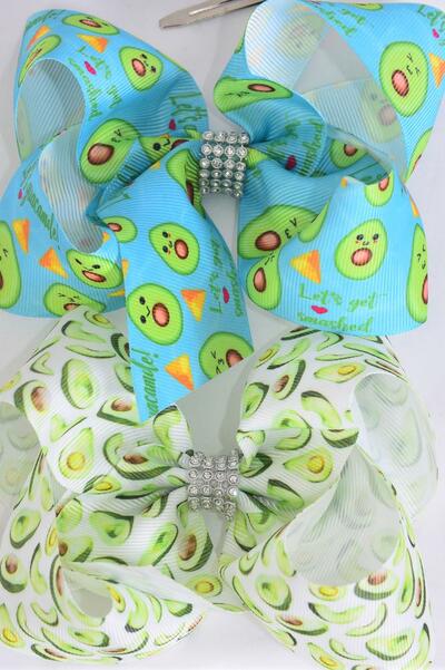 Hair Bow Jumbo Avocadorable Grosgrain Bow-tie / 12 pcs Bow = Dozen Avocado , Alligator Clip , Size - 6" x 5" Wide , 6 Of Each Pattern Asst , Clip Strip & UPC Code