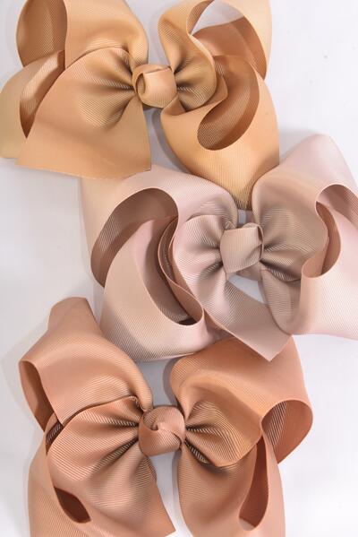 Hair Bow Extra Jumbo Cheer Type Bow Khaki Mix Grosgrain Bow-tie / 12 pcs Bow = Dozen  Alligator Clip , Size - 8" x 7" Wide , 4 of each Pattern Asst , Clip Strip & UPC Code