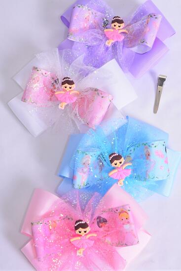 Hair Bow Jumbo Triple Layered Diversity Ballerina Charm Grosgrain Bow-tie Pastel / 12 pcs Bow = Dozen Ballerina , Alligator Clip , Size - 6" x 5" Wide , 3 of each Pattern Asst , Clip Strip & UPC Code