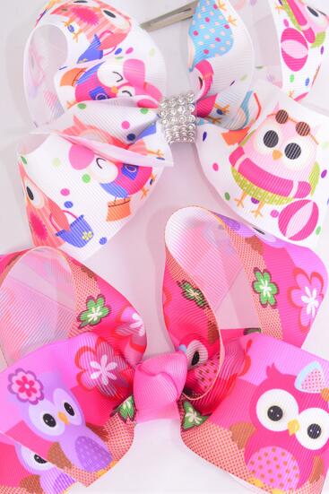 Hair Bow Jumbo Cute Owl Grosgrain Bow-tie / 12 pcs Bow = Dozen Alligator Clip , Size - 6" x 5" Wide , 6 Of Each Pattern Asst , Clip Strip & UPC Code
