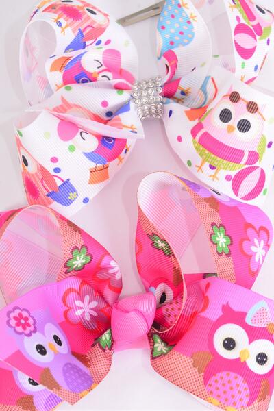 Hair Bow Jumbo Cute Owl Grosgrain Bow-tie / 12 pcs Bow = Dozen Alligator Clip , Size - 6" x 5" Wide , 6 Of Each Pattern Asst , Clip Strip & UPC Code