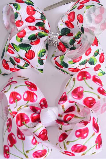 Hair Bow Jumbo Cherry Grosgrain Bow-tie / 12 pcs Bow = Dozen Alligator Clip , Size - 6" x 5" Wide , 6 Of each Pattern Asst , Clip Strip & UPC Code