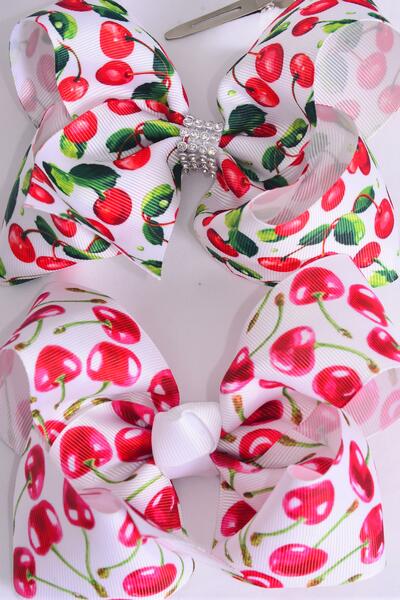 Hair Bow Jumbo Cherry Grosgrain Bow-tie / 12 pcs Bow = Dozen Alligator Clip , Size - 6" x 5" Wide , 6 Of each Pattern Asst , Clip Strip & UPC Code