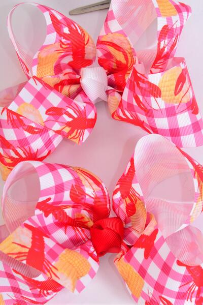 Hair Bow Jumbo Plaid Lobster Craw fish Corn Grosgrain Bowtie / 12 pcs Bow = Dozen Alligator Clip , Bow - 6" x 5" Wide , 6 Of each Pattern Asst , Clip Strip & UPC Code