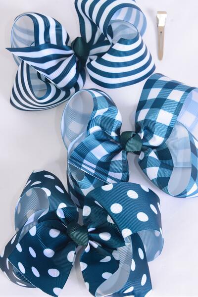Hair Bow Jumbo Plaid Polka dots Stripe Mix Grosgrain Bow-tie Hunter Green Mix / 12 pcs Bow = Dozen Hunter Green , Alligator Clip , Bow - 6" x 5" Wide , 4 of each Pattern Asst , Clip Strip & UPC Code