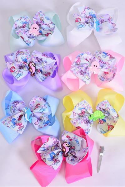 Hair Bow Jumbo Double Layered Center Ocean Creature Charm Grosgrain Bow-tie Pastel / 12 pcs Bow = Dozen Alligator Clip , Size - 6" x 5" Wide , 2 White , 2 Pink , 2 Lavender , 2 Hot Pink , 2 Mint Green , 1 Blue , 1 Yellow Mix , Clip Strip & UPC Code
