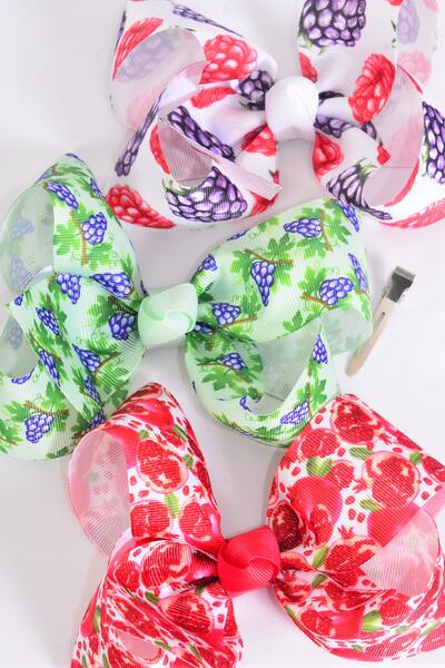 Hair Bow Jumbo Grape Berrys Pomegranate Mix Grosgrain Bow-tie / 12 pcs Bow = Dozen Alligator Clip , Size - 6" x 5" Wide , 4 of each Pattern Asst , Clip Strip & UPC Code