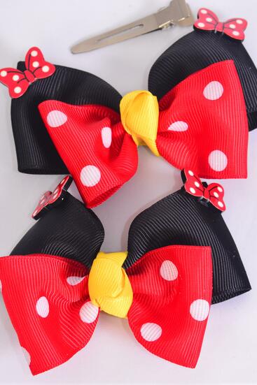 Hair Bow 24 pcs Double Layered Polka dots Grosgrain Bow-tie / 24 pcs bow = Dozen Alligator Clip , Size - 3.5" x 3" Wide , Clip Strip & UPC Code , 12 Pair = Dozen