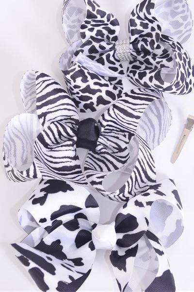 Hair Bow Jumbo Cow Zebra Leopard Pattern Mix Grosgrain Bow-tie / 12 pcs Bow = Dozen Alligator Clip , Size - 6" x 5" Wide , 4 of each Pattern Asst , Clip Strip & UPC Code
