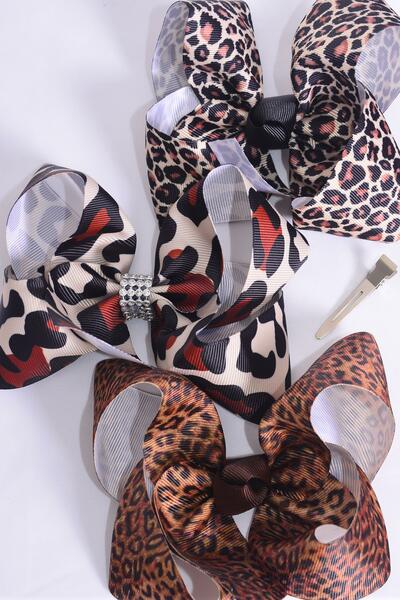 Hair Bow Jumbo Animal Leopard Pattern Mix Grosgrain Bow-tie / 12 pcs Bow = Dozen  Alligator Clip , Size - 6" x 5" Wide , 4 of each Pattern , Clip Strip & UPC Code