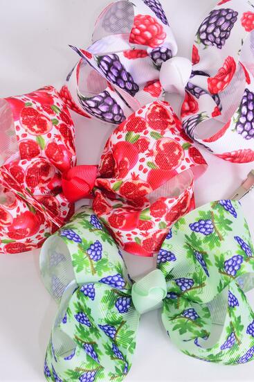 Hair Bow Jumbo Grape Berrys Pomegranate Mix Grosgrain Bow-tie / 12 pcs Bow = Dozen Alligator Clip , Size - 6" x 5" Wide , 4 of each Pattern Asst , Clip Strip & UPC Code