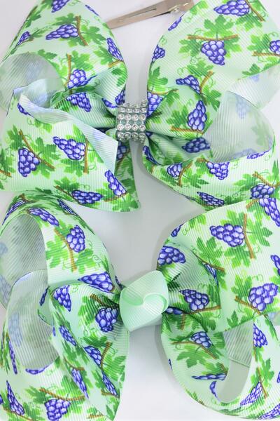 Hair Bow Jumbo Grape w Vine Grosgrain Bow-tie / 12 pcs Bow = Dozen Alligator Clip , Size - 6" x 5" Wide , Clip Strip & UPC Code