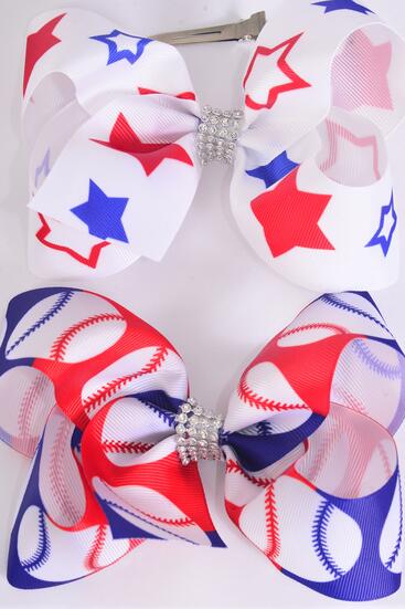 Hair Bow Jumbo Patriotic Baseball Star Pattern Mix Grosgrain Bow-tie / 12 pcs Bow = Dozen Alligator Clip , Bow - 6" x 5" Wide , 6 of each Pattern Asst , Clip Strip & UPC Code
