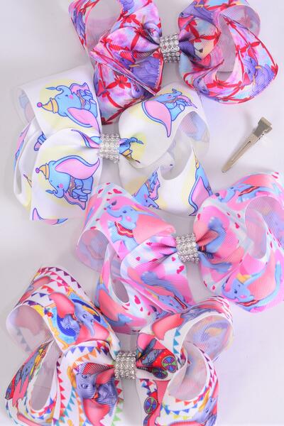 Hair Bow Jumbo Cute Baby Elephants Center Clear Stones Grosgrain Bow-tie / 12 pcs bow = Dozenzen Alligator Clip , Size - 6" x 5" Wide , 3 Of Each Pattern Asst , Clip Strip & UPC Code