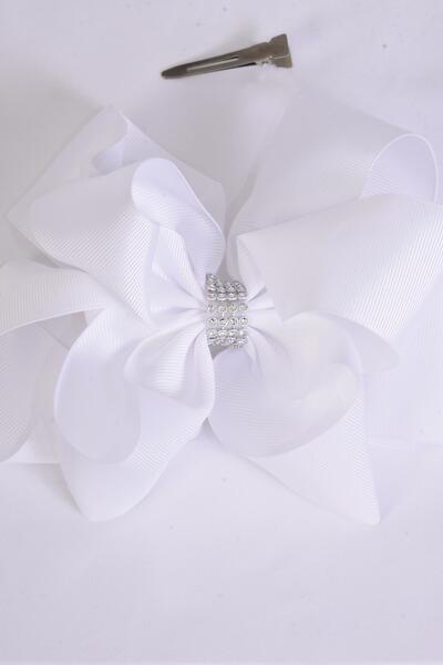 Hair Bow Cheer type Bow Double Layered White Grosgrain Bow-tie / 12 pcs Bow = Dozen White , Alligator Clip , Size - 6.5" x 6.5" Wide , Clip Strip & UPC Code