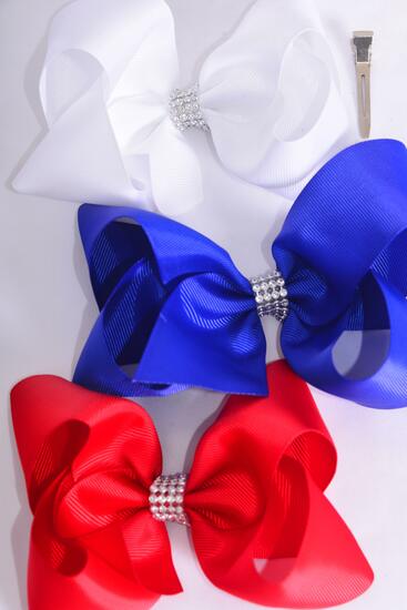 Hair Bow Jumbo Red White Royal Blue Mix Grosgrain Bow-tie / 12 pcs Bow = Dozen Alligator Clip , Bow - 6" x 5" Wide , 4 White , 4 Red , 4 Blue Mix , Clip Strip & UPC Code