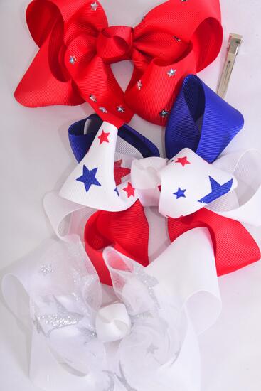 Hair Bow Jumbo Patriotic Stars Grosgrain Bow-tie / 12 pcs Bow = Dozen  Alligator Clip , Bow - 6" x 5" Wide , 4 Of Each Pattern Asst , Clip Strip & UPC Code