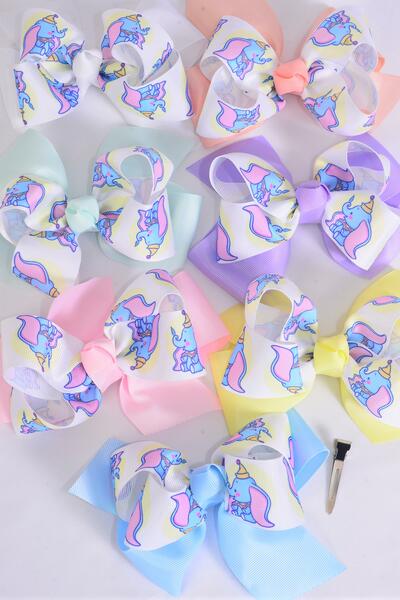 Hair Bow Jumbo Double Layered Cute Elephant Pastel Grosgrain Bow-tie / 12 pcs Bow = Dozen  Alligator Clip , Size - 6" x 5" , 2 White , 2 Baby Pink , 2 Lavender , 2 Blue , 2 Yellow , 1 Peach ,1 Mint Green Color Asst , Clip Strip & UPC Code