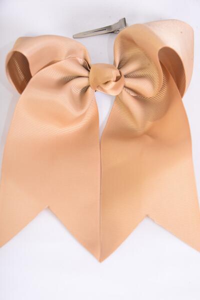 Hair Bow Extra Jumbo Long Tail Cheer Type Bow Khaki Grosgrain Bow-tie / 12 pcs Bow = Dozen Alligator Clip , Size - 6.5" x 6" , Clip Strip & UPC Code