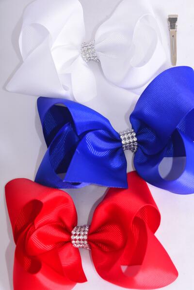 Hair Bow Jumbo Red White Royal Blue Mix Grosgrain Bow-tie / 12 pcs Bow = Dozen Alligator Clip , Bow - 6" x 5" Wide , 4 White , 4 Red , 4 Blue Mix , Clip Strip & UPC Code