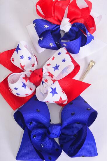 Hair Bow Jumbo Patriotic Stars Studded Mix Grosgrain Bow-tie / 12 pcs Bow = Dozen  Alligator Clip , Bow - 6" x 5" Wide , 4 Of Each Pattern Asst , Clip Strip & UPC Code