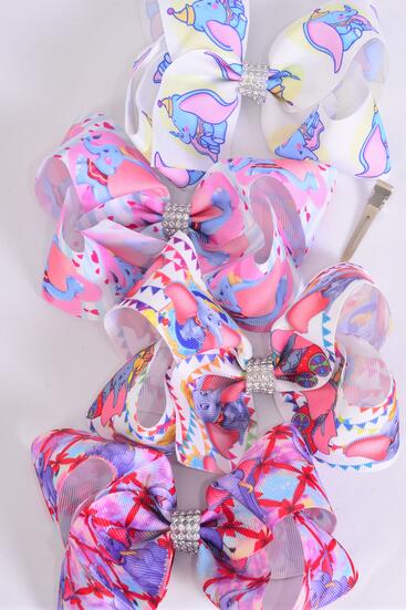 Hair Bow Jumbo Cute Baby Elephants Center Clear Stones Grosgrain Bow-tie / 12 pcs bow = Dozenzen Alligator Clip , Size - 6" x 5" Wide , 3 Of Each Pattern Asst , Clip Strip & UPC Code