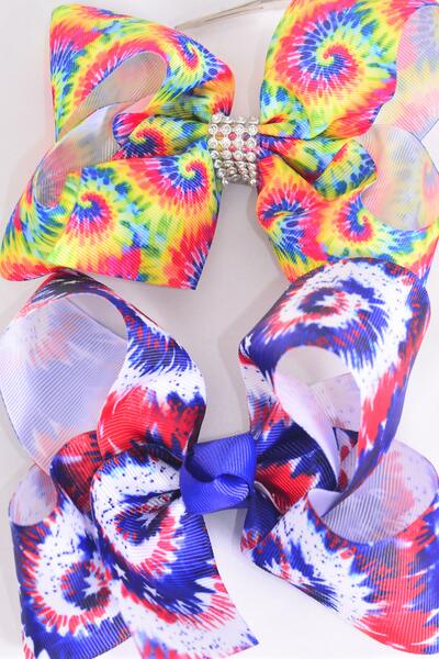 Hair Bow Jumbo Gradient Tiedye Grosgrain Bow-tie / 12 pcs Bow = Dozen  Alligator Clip , Size - 6" x 5" Wide , 6 of each Pattern Asst , Clip Strip & UPC Code