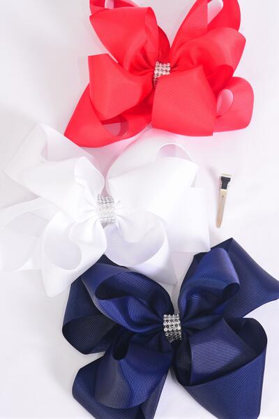 Hair Bow Jumbo Cheer Bow Type Double Layered Red White Navy Grosgrain Bow-tie / 12 pcs Bow = Dozen Alligator Clip , Size - 6.5" x 6.5" Wide , 4 Red , 4 White , 4 navy Color Mix , Clip Strip & UPC Code