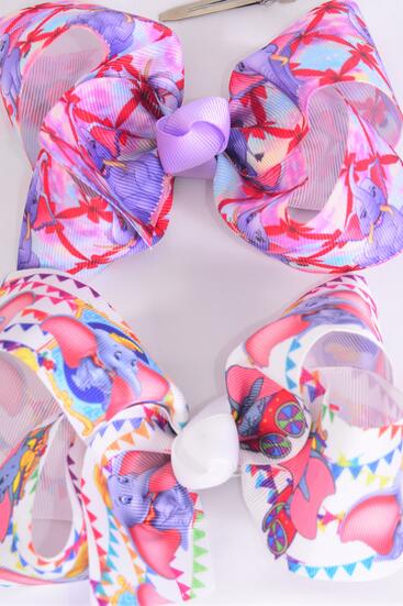 Hair Bow Jumbo Cute Baby Elephant Grosgrain Bow-tie / 12 pcs Bow =Dozen Alligator Clip , Size - 6" x 5" Wide , 6 of each Pattern Asst , Clip Strip & UPC Code
