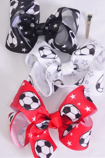 Hair Bow Jumbo Soccer Grosgrain Bow-tie / 12 pcs Bow = Dozen Soccer , Alligator Clip , Size - 6" x 5" Wide , 4 Of Each Pattern Asst , Clip Strip & UPC Code
