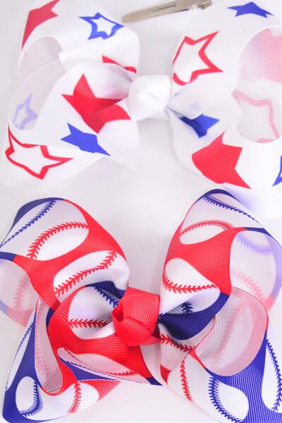 Hair Bow Jumbo Patriotic Baseball Star Pattern Mix Grosgrain Bow-tie / 12 pcs Bow = Dozen Alligator Clip , Bow - 6" x 5" Wide , 6 of each Pattern Asst , Clip Strip & UPC Code