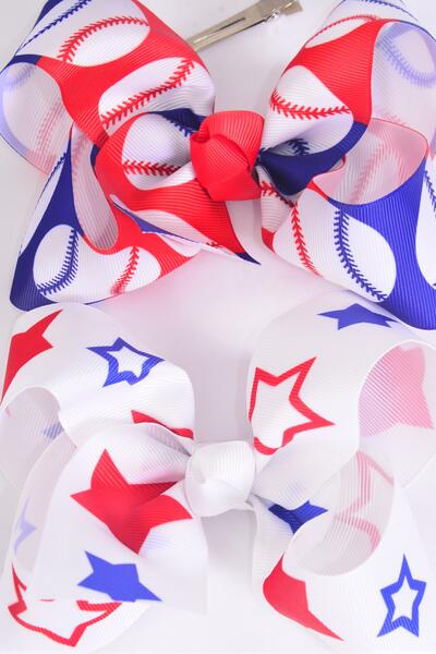 Hair Bow Jumbo Patriotic Baseball Star Pattern Mix Grosgrain Bow-tie / 12 pcs Bow = Dozen Alligator Clip , Bow - 6" x 5" Wide , 6 of each Pattern Asst , Clip Strip & UPC Code