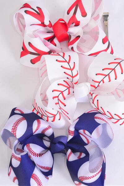 Hair Bow Jumbo Baseball Print Grosgrain Bowtie / 12 pcs Bow = Dozen Alligator Clip , Bow - 6" x 5" Wide , 4 of each Pattern Asst , Clip Strip & UPC Code