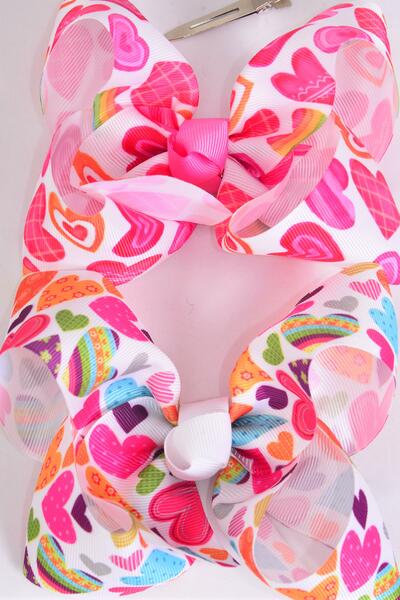 Hair Bow Jumbo Multi Hearts Grosgrain Bow-tie / 12 pcs Bow = Dozen   Alligator Clip , Bow - 6" x 5" Wide , 4 of each Pattern Asst , Clip Strip & UPC Code