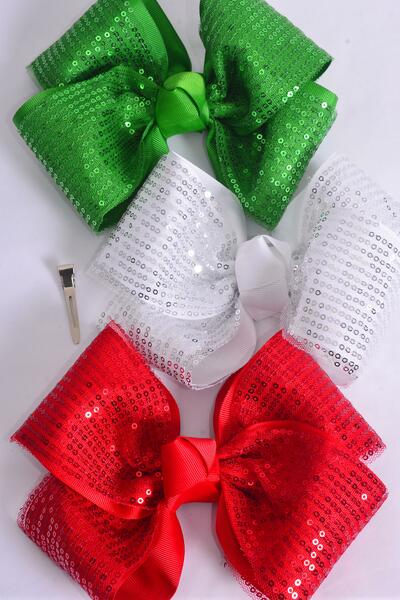 Hair Bow Extra Jumbo XMAS Cheer Type Bow Sequin Iridescent  Double Layered Grosgrain Bow-tie / 12 pcs Bow = Dozen Alligator Clip , Size - 8" x 7" Wide , 4 of each Pattern Asst , Clip Strip & UPC Code
