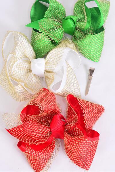 Hair Bow Jumbo XMAS Double Layered Gold Mesh Grosgrain Bow-tie Red White Green Mix / 12 pcs Bow = Dozen Christmas , Alligator Clip , Size - 6"x 5" Wide , 4 of each Pattern Asst , Clip Strip & UPC Code