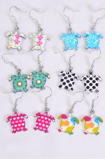 Earrings Turtle Enamel Color Asst / 12 pair = Dozen match 25024 Fish Hook , Size - 0.75" Wide , 2 Of each Pattern Asst , Earring Card & OPP Bag & UPC Code