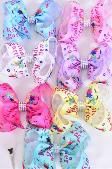 Hair Bow Jumbo Unicorn Kindergarten Pastel Grosgrain Bow-tie / 12 pcs Bow = Dozen  Alligator Clip , Size - 6" x 5", 2 White , 2 Baby Pink , 2 Lavender , 1 Blue , 1 Yellow , 2 Hot Pink , 2 Mint Green Color Asst , Clip Strip & UPC Code