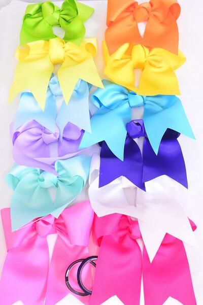 Hair Bow Extra Jumbo Long Tail Cheer Type Bow Rainbow Color Mix Elastic Grosgrain Bow-tie / 12 pcs Bow = Dozen  Elastic , Rainbow Color Mix , Size - 6.5" x 6" Wide , 12 Color Asst , Clip Strip & UPC Code