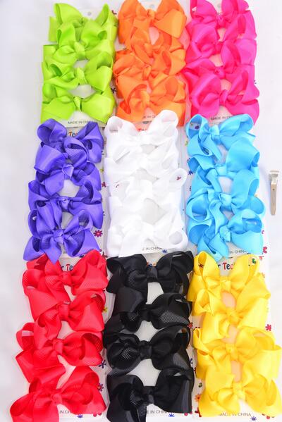 Hair Bows 48 pcs Grosgrain Bow-tie Multi / 12 card = Dozen  Alligator Clip , Size - 3" x 2" Wide , 2 White, 2 Black , 2 Fuchsia , 1 Yellow,1 Blue , 1 Red , 1 Purple , 1 Lime , 1 Orange Color Asst ,12 card= DZ