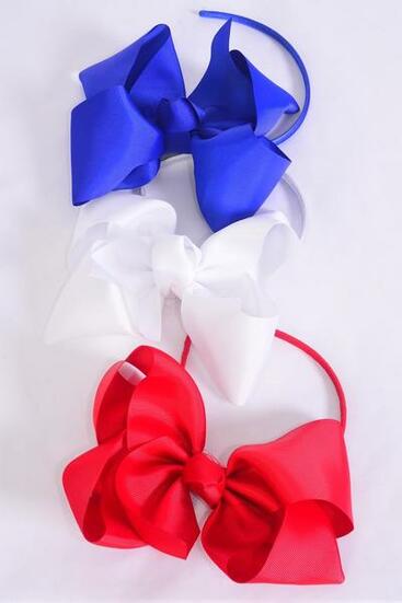 Headband Horseshoe Jumbo Patriotic Red White Royal Blue Mix Grosgrain Bow-tie / 12 pcs = Dozen Bow Size - 6" x 5" Wide , 4 Red , 4 White , 4 Royal Blue Color Asst , Hang Tag & UPC Code , Clear Box