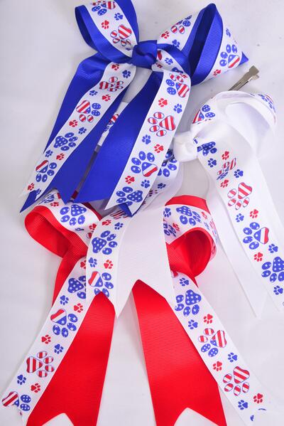 Hair Bow Jumbo Long Tail Double Layered Patriotic Paw Grograin Bow-tie / 12 pcs Bow = Dozen  Alligator Clip , Bow - 6.5" x 6" Wide , 4 Of Each Pattern Mix , Clip Strip & UPC Code